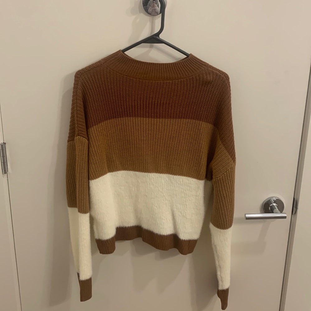 Brown and white color block sweater